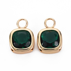 Зеленый Стеклянные подвески, с легкими золотыми тонами латуни, долговечный, граненые, прямоугольные, зелёные, 17.5x12x5.5 мм, отверстие : 4 мм