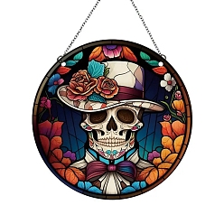 Colorful Halloween Skull Stained Acrylic Window Planel, for Suncatchers Window Home Hanging Ornaments, Flat Round, Colorful, 160x160x4mm