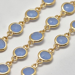 Real 18K Gold Plated Faceted K9 Glass Handmade Beaded Chains, Soldered, with Brass Findings, Cadmium Free & Lead Free, Flat Round, Cornflower Blue, Real 18K Gold Plated, 12x7x3mm