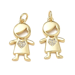 Real 18K Gold Plated Brass Micro Pave Clear Cubic Zirconia Pendants, Girl Charms, Rack Plating, Cadmium Free & Lead Free, Real 18K Gold Plated, 22.5x12.5x3mm, Hole: 3.5mm