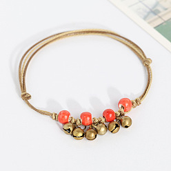 Красный Браслеты на лодыжку из сплава в виде колокольчика и фарфоровых бусин, регулируемый шнурок, с подвеской., античная бронза, красные, 5-1/8~11 дюйм (130~280 мм)