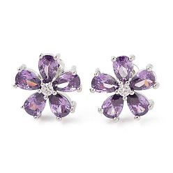 Лиловый Серьги-гвоздики из латуни с микропаве из кубического циркония, долговечный, цветок, платина, сирень, 14x14 мм