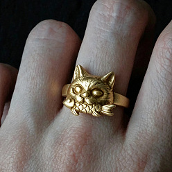 Antique Golden Alloy Cuff Open Rings for Couple, Cat Shape with Fish, Antique Golden, Inner Diameter: 15~20mm