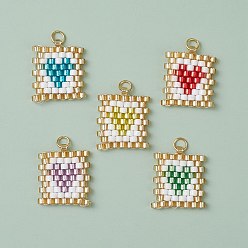 (52) Непрозрачная лаванда Прямоугольник из бисера с подвесками в виде сердечек, подвески из стеклянных бусин с узором ткацкого станка, с целью перехода в кольце, разноцветные, 17x14.5x2 мм, отверстие : 2.5 мм