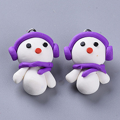 White Handmade Polymer Clay Pendants, with Platinum Plated Iron Loops, Christmas Theme, Snowman, White, 30x22x16mm, Hole: 2mm