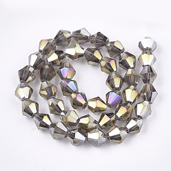 Olive Electroplate Glass Beads Strands, AB Color Plated, Faceted, Bicone, Olive, 6x5.5~6mm, Hole: 1mm, about 47~48pcs/strand, 10.83 inch(27.5cm)