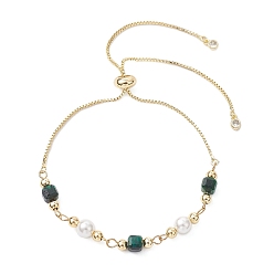 Тигровый глаз Браслеты из круглых бусин из окрашенного и нагретого натурального тигрового глаза и ракушечного жемчуга, браслеты-слайдеры с цепочкой из латуни для женщин, зелёные, 12-1/4 дюйм (31 см)