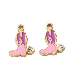 Pink 304 Stainless Steel Enamel Pendants, Boot Shape Charms, with Rhinestone, Ion Plating(IP), Golden, Pink, 12x9.5x1.5mm, Hole: 1.4mm