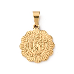 Золотой 201 подвески из нержавеющей стали, вакуумное покрытие pvd, плоский круглый с шармом Девы Марии, золотые, 21x18.5x2 мм, отверстие : 7x3 мм