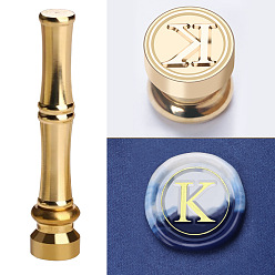 Letter K Golden Tone Brass Wax Seal Stamp Head with Bamboo Stick Shaped Handle, for Greeting Card Making, Letter K, 74.5x15mm