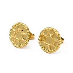 Real 18K Gold Plated Ion Plating(IP) 304 Stainless Steel Stud Earring Cabochon Settings, Flat Round with Sun, Real 18K Gold Plated, Tray: 4mm, 14mm, Pin: 0.8mm