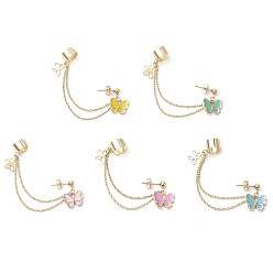 Mixed Color Butterfly Alloy Enamel Chains Tassel Dangle Earrings with Ear Cuff, Golden, Mixed Color, 76mm