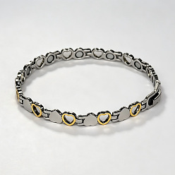Golden & Stainless Steel Color Duo Tone Zinc Alloy Hollow Heart Link Chain Magnetic Bracelets for Women, Golden & Stainless Steel Color, Inner Diameter: 2.36 inch(6cm)