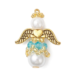 Светло-Голубой Подвески из перламутрового стекла и жемчуга, угол, с крылом из сплава и железной петлей, Небесно-голубой, 26x20x10.5 мм, отверстие : 1 мм