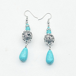 Круглые Серьги-подвески из цинкового сплава с синтетической бирюзой, серебряные, круглые