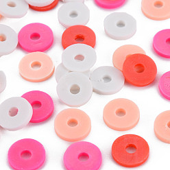 White 4 Colors Handmade Polymer Clay Beads, Heishi Beads, Disc/Flat Round, White & Orange Red & Light Salmon & Fuchsia, 8x0.5~1.5mm, Hole: 2mm, about 11500pcs/1000g