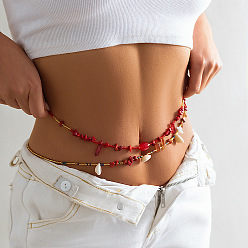 (123L) Белый крем непрозрачный блеск Богемные натуральные ракушки каури и краситель красного цвета, синтетическая бирюза, бисер и стеклянные бусины, двухслойные цепочки на талию и живот для женщин, платина, огнеупорный кирпич, 680 мм, 2 шт / комплект