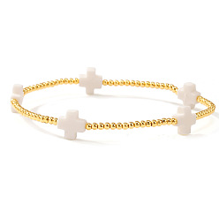 Золотой Латунные и смоляные круглые бусины, имитирующие жемчуг, эластичные украшения для женщин, крестик, золотые, 6.50 дюйм (16.5 см) ~ 6.89 дюйм (17.5 см)