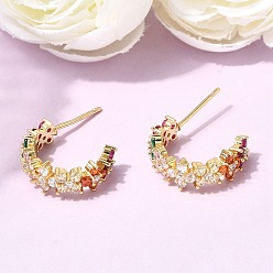 Настоящее золото 18K Серьги-гвоздики из латуни в форме буквы С с микропаве из кубического циркония, долговечный, стойки покрытие, без свинца и без кадмия, реальный 18 k позолоченный, 17.5x5.5 мм