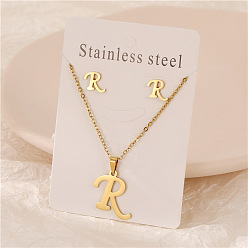 Letter R Ожерелья с подвесками в виде букв из нержавеющей стали и комплекты серег-гвоздиков, золотые, Буква R, 450 мм