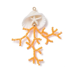 Оранжевый Большие подвески из стеклянных бусин и ракушек, коралловый шарм, с бусинами из синтетической бирюзы и медной проволокой, оранжевые, 61.5x47x11 мм, отверстие : 2.5 мм