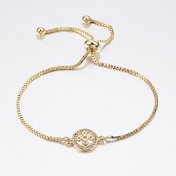 Золотой Регулируемые латунные браслеты Боло, слайдерные браслеты, с фианитом и цепочками, плоско-круглые, золотые, 10-1/4 дюйм (260 мм)