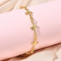 Настоящее золото 18K Крест из прозрачного кубического циркония с браслетом из натуральных звеньев, украшения из латуни для женщин, без кадмия и без свинца, долговечный, стойки покрытие, реальный 18 k позолоченный, 7.64 дюйм (19.4 см)