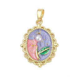 Pink Латунь эмаль подвески, , с имитацией жемчуга, стойки покрытие, прочное покрытие, без кадмия и без свинца, розовые, 25x18x7 мм, отверстие : 4.5x2.5 мм