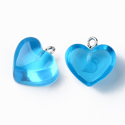 Озёрно--синий Прозрачные смоляные подвески, с платиновым тоном железная петля, сердце, Плут синий, 16.5x17x9.5 мм, отверстие : 1.8 мм