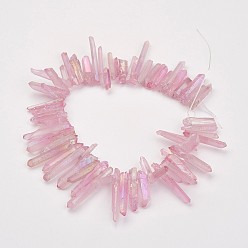 Pink Electroplated Natural Quartz Bead Strands, Dyed, Irregular Strip, Pink, 11.5~32x2~6mm, Hole: 1mm, about 38~40pcs/strand, 7.8 inch(200mm)