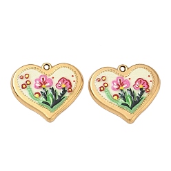 Heart 304 Stainless Steel Enamel Pendants, Flower Pattern Charms, Golden, Heart Charms, 17x19.5x2mm, Hole: 1.2mm