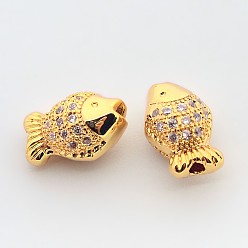 Golden Brass Micro Pave Cubic Zirconia Beads, Cadmium Free & Nickel Free & Lead Free, Fish, Long-Lasting Plated, Golden, 7x11x6mm, Hole: 1mm