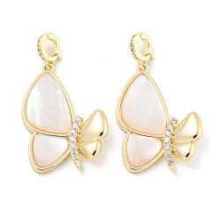 Настоящее золото 18K Латунные микропаве прозрачные подвески с фианитом, без кадмия, без никеля и без свинца, с белой скорлупой, бабочки прелести, реальный 18 k позолоченный, 27.5x19x4 мм, отверстие : 4x3 мм