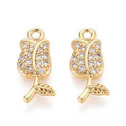 Настоящее золото 18K Латунные микропаве прозрачные подвески с фианитом, цветок, без никеля , реальный 18 k позолоченный, 15x6x2 мм, отверстие : 1.2~1.4 мм