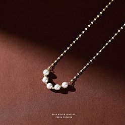 Золотой 925 ожерелья-цепочки из стерлингового серебра с узорами, ожерелья из круглой ракушки с цепочкой из жемчужин для женщин, белые, золотые, 15.75 дюйм (40 см)