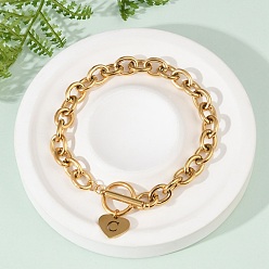 Letter C Золотые 304 браслеты с подвесками из нержавеющей стали, ювелирные изделия из кабельной цепи для женщин, сердце с письмом, с Переключить застежками, буква С, 8.27 дюйм (21 см)