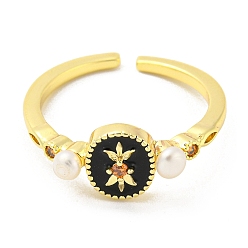 Настоящее золото 14K Открытое кольцо-манжета с натуральным жемчугом и цветком, латунное эмалированное кольцо на палец с фианитами, реальный 14 k позолоченный, размер США 7 1/2 (17.7 мм)