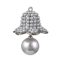 Платина Латунные подвески, форму колокола, с пластмассовой жемчужиной abs, стойки покрытие, долговечный, без свинца и без кадмия, платина, 30.5x23.5 мм, отверстие : 1.4 мм