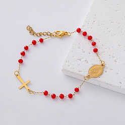 Red 304 Stainless Steel Oval Religion Cross Link Resin Beaded Anklets for Women, Golden, Red, 6-3/4 inch(170mm)