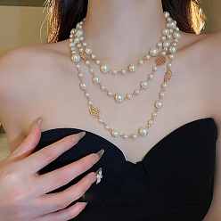 Золотой Ожерелья из цепочек с круглыми бусинами из сплава и пластиковой имитации жемчуга в стиле обертывания для женщин, белые, золотые, 64.88 дюйм (164.8 см)