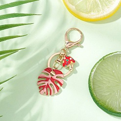 Pink Брелки из сплава эмали, с фурнитурой для застежки-брелока из сплава, лист с грибом, золотые, розовые, 86 мм