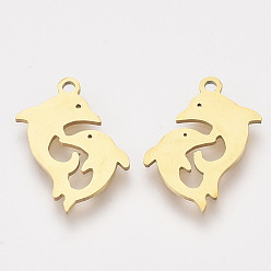 Golden 201 Stainless Steel Pendants, Laser Cut Pendants, Dolphin, Golden, 17x15x1mm, Hole: 1.2mm