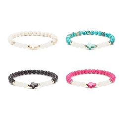 (52) Непрозрачная лаванда Эластичный браслет из синтетической бирюзы (окрашенной), гематита и натурального белого нефрита с крестом, украшения из драгоценных камней для женщин, разноцветные, внутренний диаметр: 2 дюйм (5.2 см)