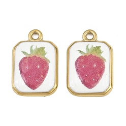 Strawberry Printed 304 Stainless Steel Pendants, Rectangle Charms, Ion Plating(IP), Real 18K Gold Plated, Strawberry Charms, 23x15x3mm, Hole: 2mm
