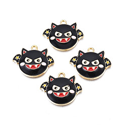 Black Alloy Enamel Pendants, Cadmium Free & Nickel Free & Lead Free, Light Gold, Halloween, Bat, Black, 22x26x3mm, Hole: 1.8mm