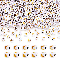 Letter E Непрозрачные акриловые бусины, с металлическим обрамлением, кубические, Письмо E, 4.5x4.5x4.5 мм, отверстие : 2 мм