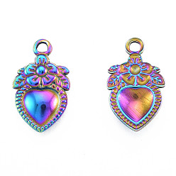 Rainbow Color Ion Plating(IP) 201 Stainless Steel Pendants, Heart with Flower, Rainbow Color, 21x13x2.5mm, Hole: 2mm