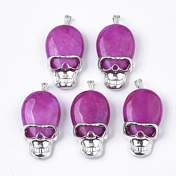Camellia Natural Jade Pendants, with Alloy Findings, Dyed, Skull, Platinum, Camellia, 43~44x25x11~12mm, Hole: 7.5x4mm