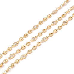 Golden Handmade Brass Link Chains, with Cubic Zirconia, Flat Round and Coffee Bean Shape, Long-Lasting Plated, Soldered, with Spool, Lead Free & Cadmium Free, Golden, Link: 3x5x1mm, 5x8.5x2mm