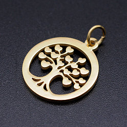 Golden 304 Stainless Steel Pendants, with Unsoldered Jump Rings, Flat Round with Tree of Life, Golden, 17x15x1mm, Jump Ring: 5x1mm, 3mm inner diameter